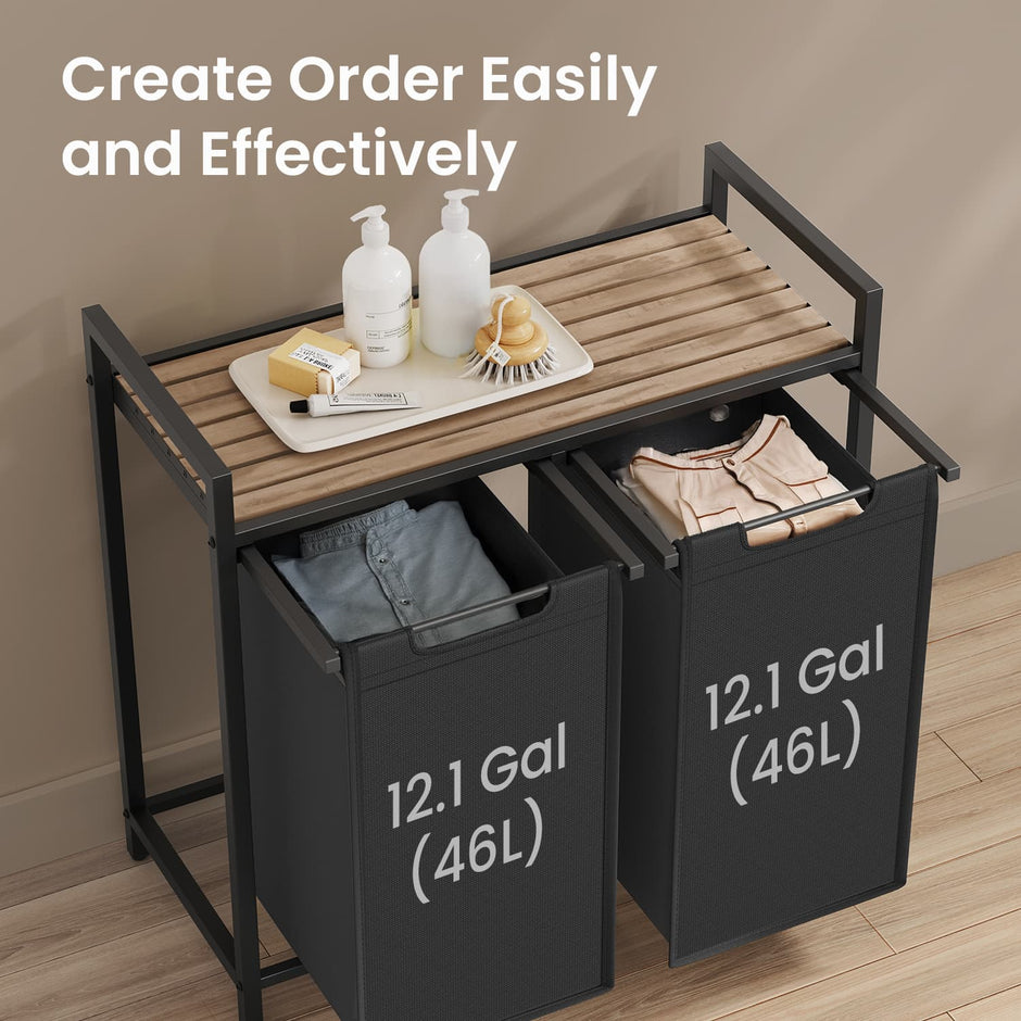Laundry Hamper – Wood and Fabric – Brown and Black – Two-Section with Removable Bags and Shelf