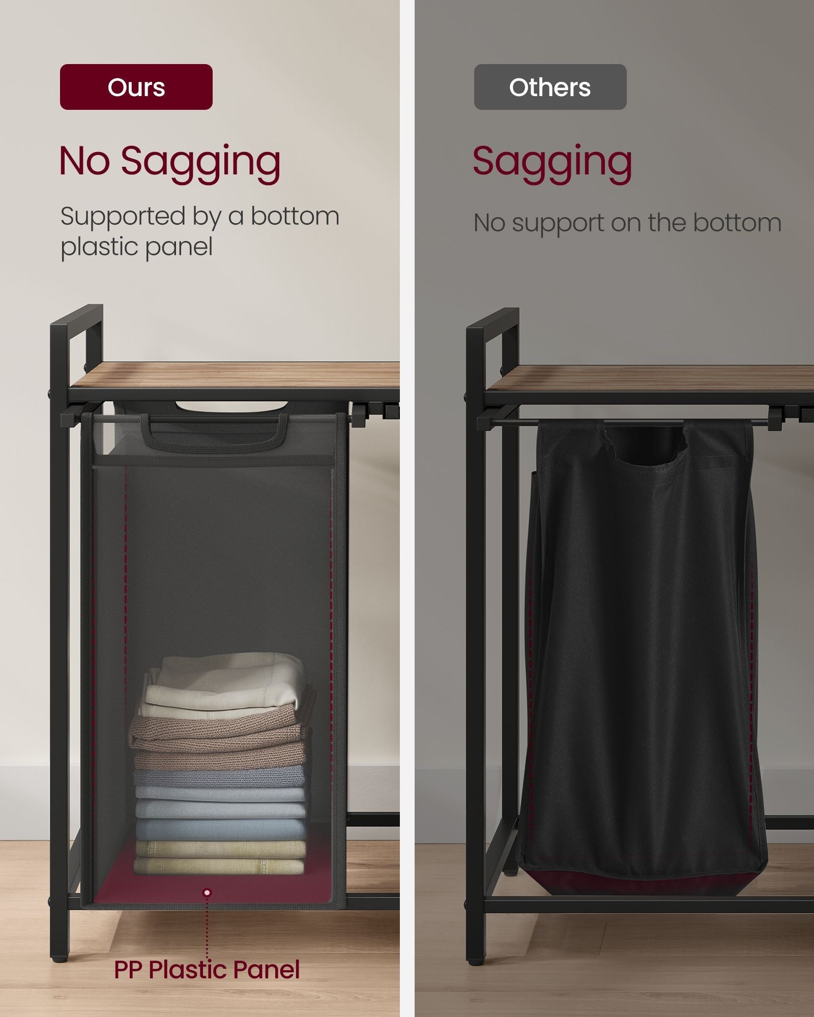 Laundry Hamper – Metal Frame and Oxford Fabric – Rustic Brown and Black – 2-Compartment with Shelf and Removable Bags