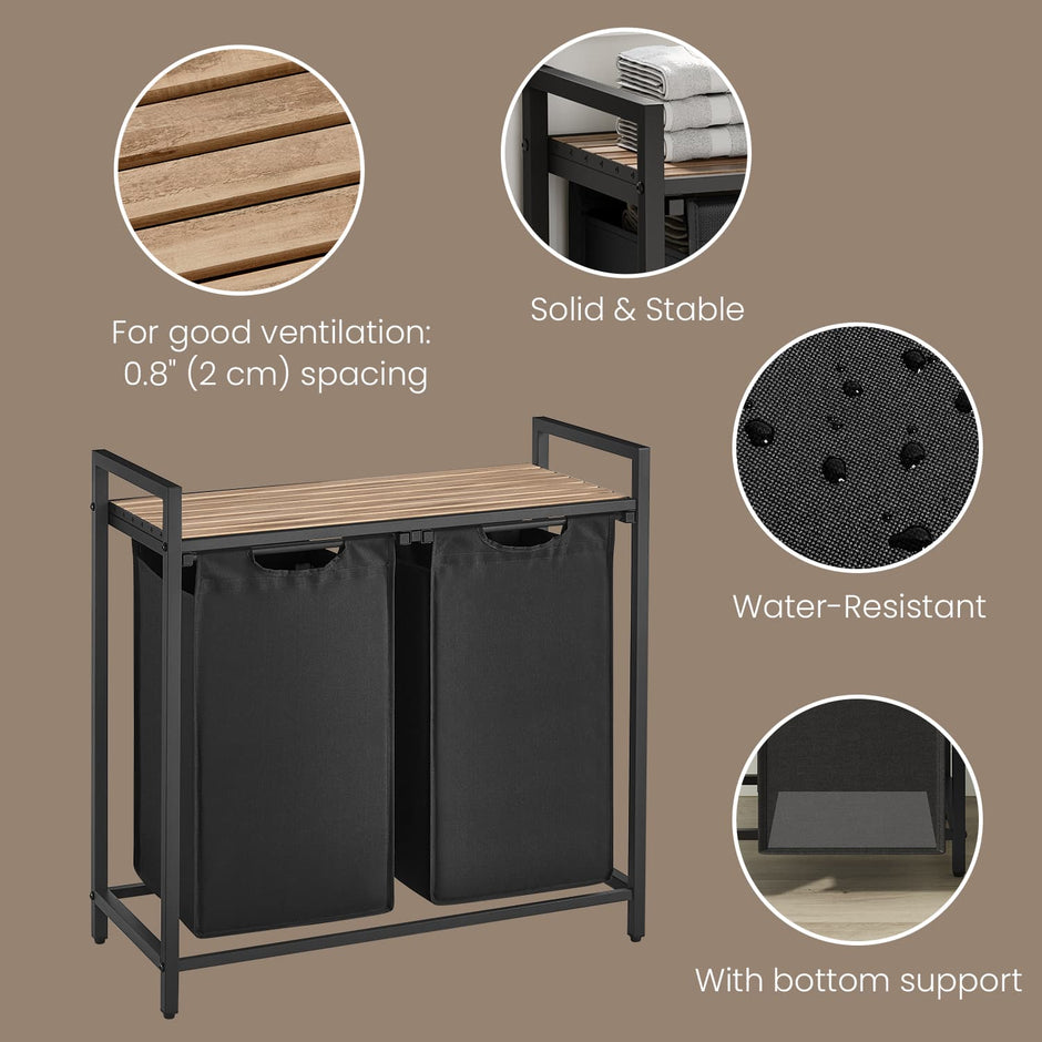 Laundry Hamper – Wood and Fabric – Brown and Black – Two-Section with Removable Bags and Shelf