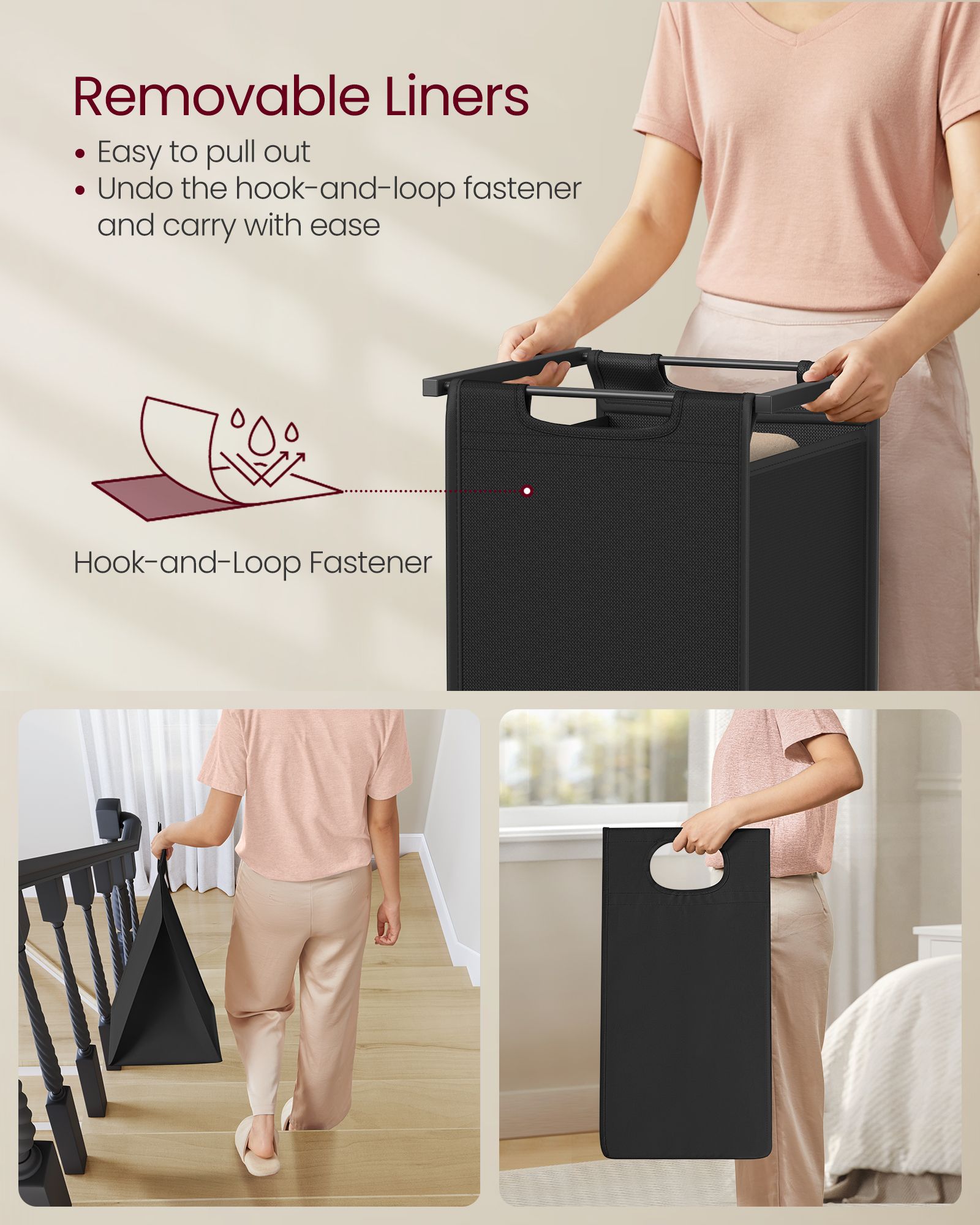 Laundry Hamper – Metal Frame and Oxford Fabric – Rustic Brown and Black – 2-Compartment with Shelf and Removable Bags
