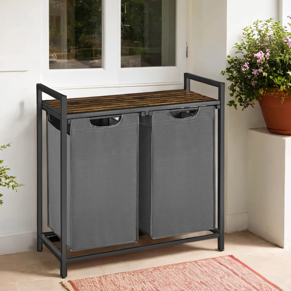 Laundry Hamper – Fabric – Brown and Grey – 2-Section with Removable Bags and Shelf, 2 x 46 L