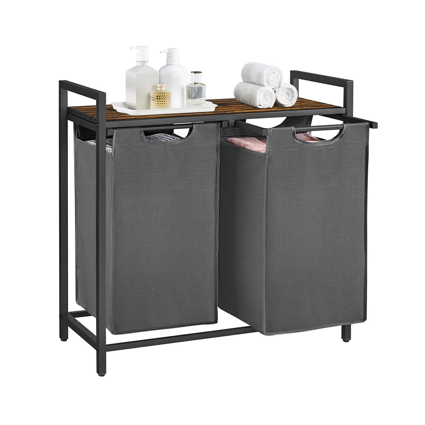 Laundry Hamper – Metal Frame and Oxford Fabric – Rustic Brown and Black – 2-Compartment with Shelf and Removable Bags