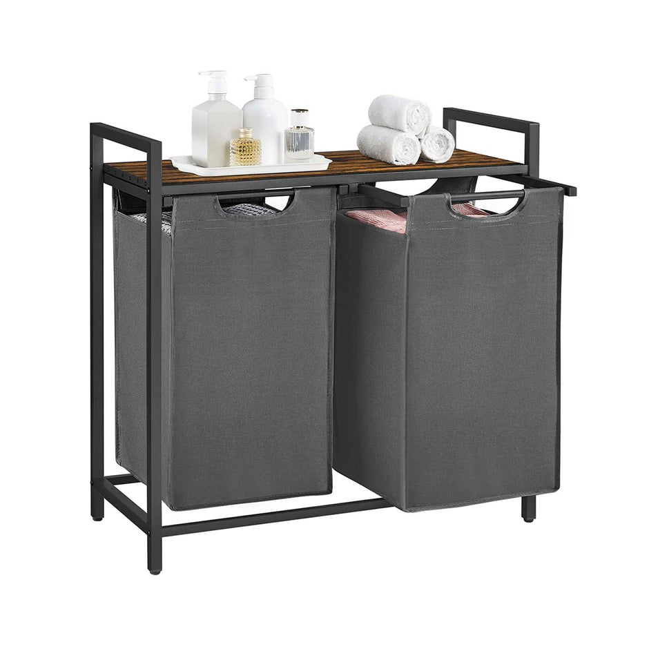 Laundry Hamper – Metal Frame and Oxford Fabric – Rustic Brown and Black – 2-Compartment with Shelf and Removable Bags