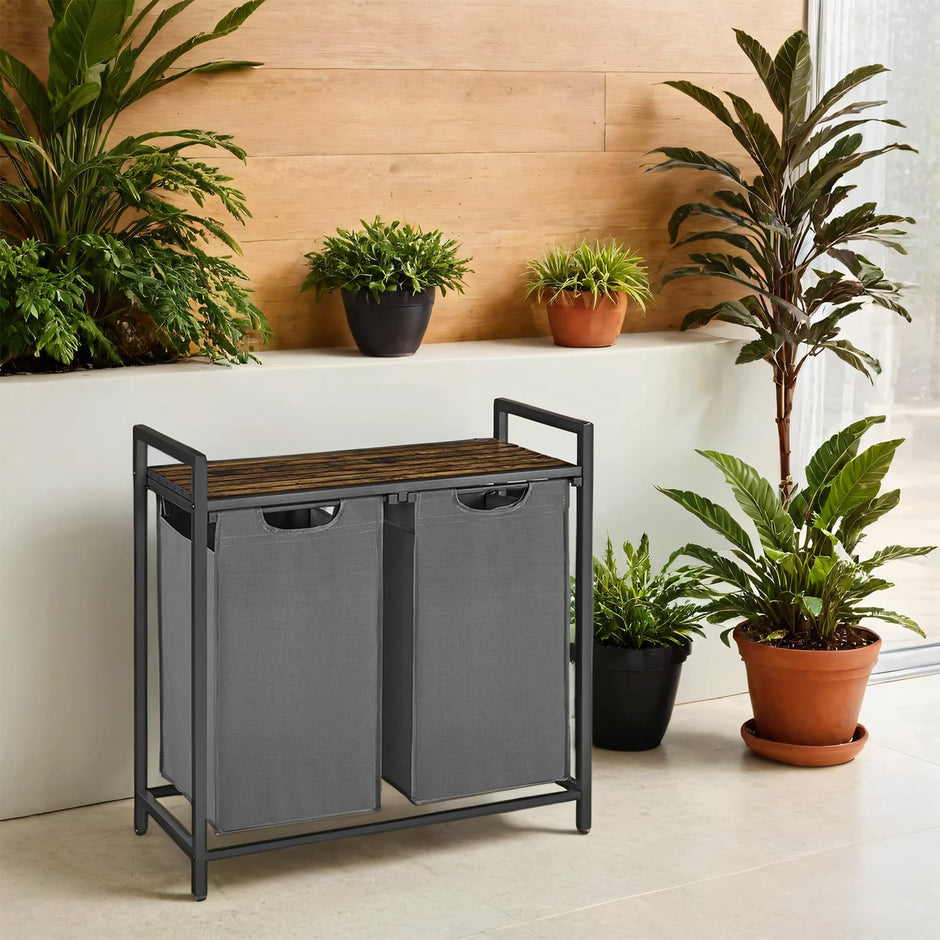 Laundry Hamper – Fabric – Brown and Grey – 2-Section with Removable Bags and Shelf, 2 x 46 L