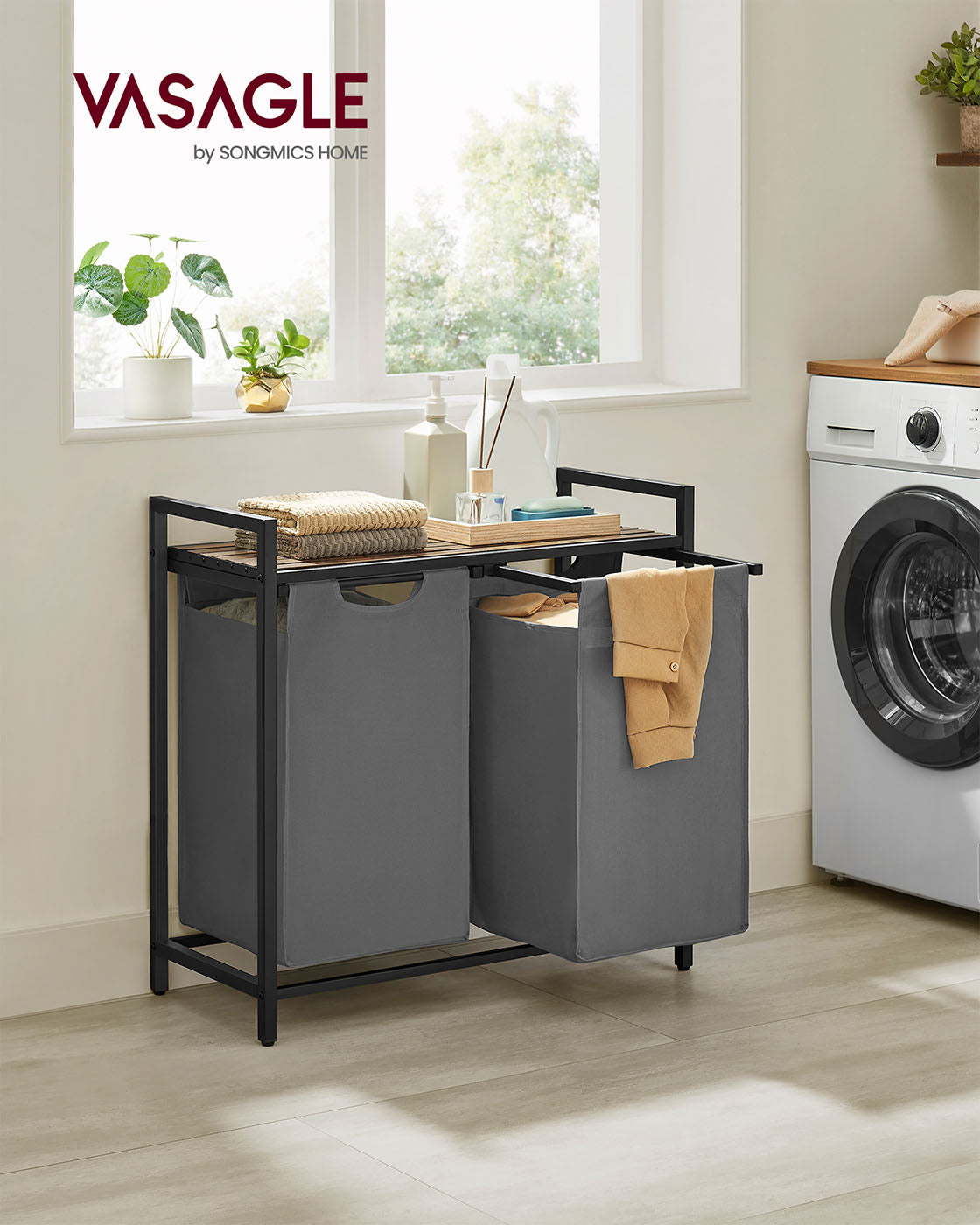Laundry Hamper – Metal Frame and Oxford Fabric – Rustic Brown and Black – 2-Compartment with Shelf and Removable Bags