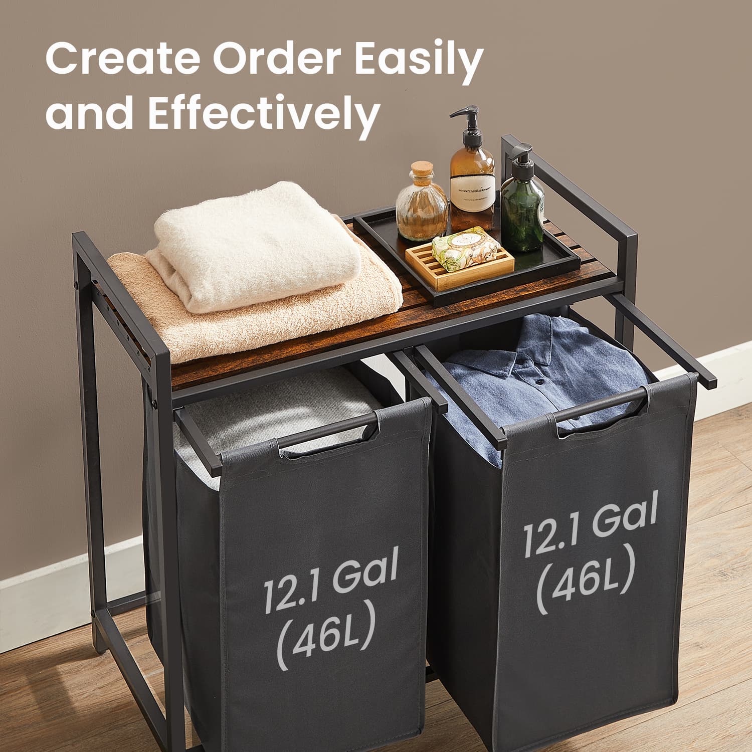 Laundry Hamper – Fabric – Brown and Grey – 2-Section with Removable Bags and Shelf, 2 x 46 L