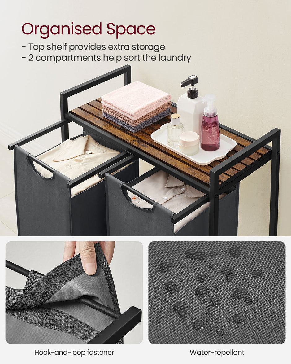 Laundry Hamper – Metal Frame and Oxford Fabric – Rustic Brown and Black – 2-Compartment with Shelf and Removable Bags