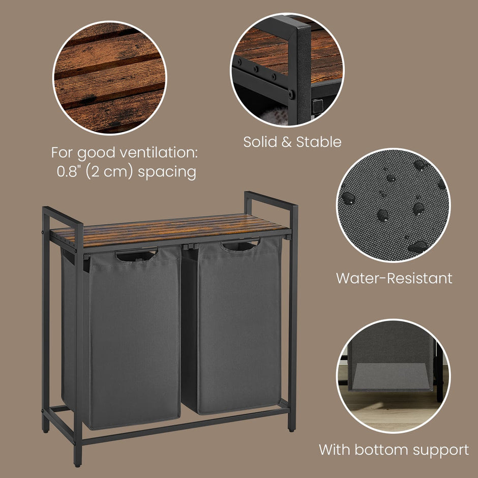 Laundry Hamper – Fabric – Brown and Grey – 2-Section with Removable Bags and Shelf, 2 x 46 L