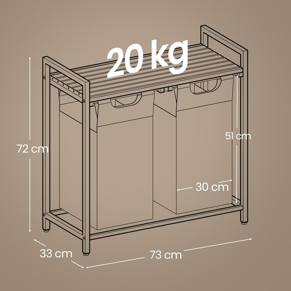 Laundry Hamper – Fabric – Brown and Grey – 2-Section with Removable Bags and Shelf, 2 x 46 L