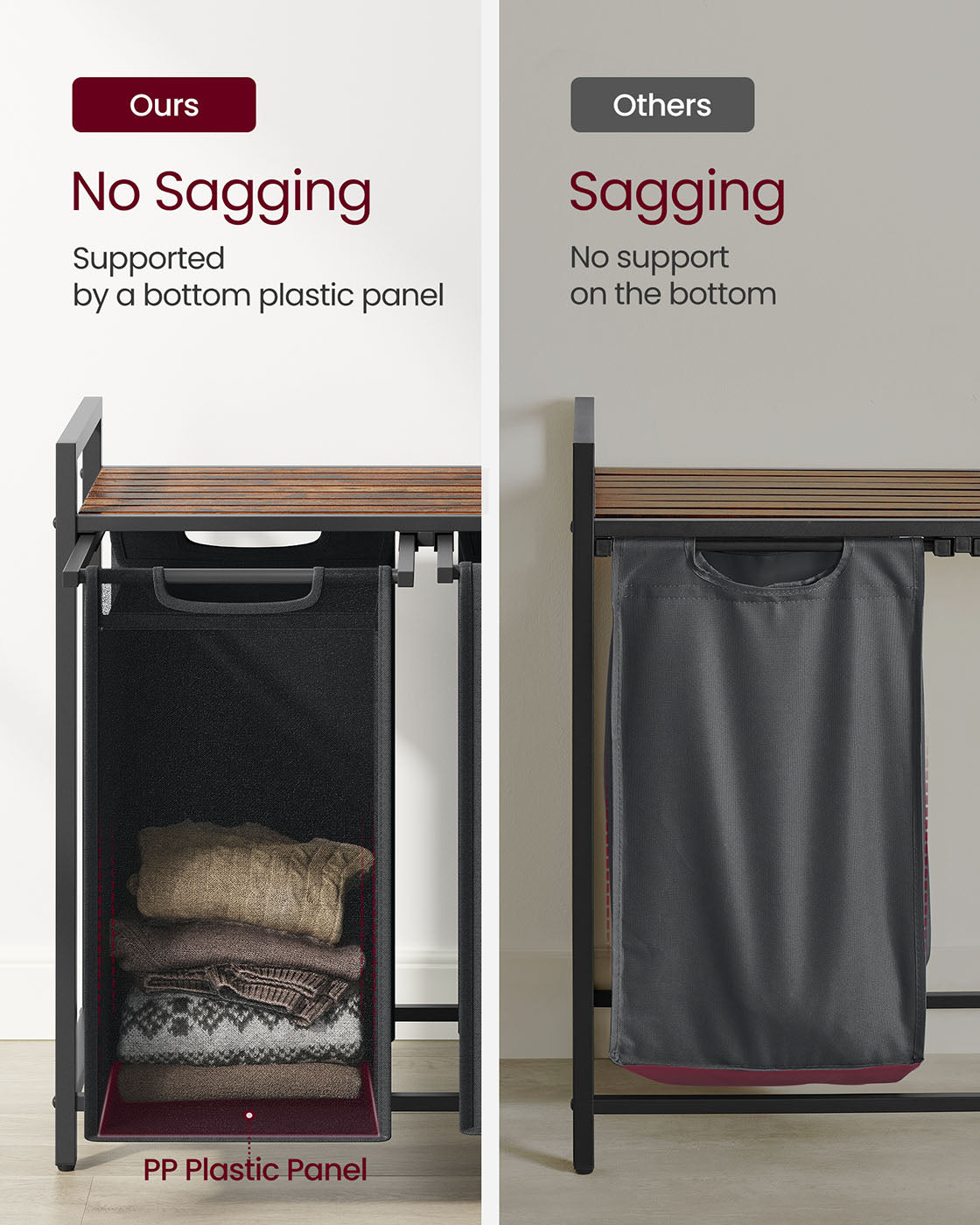 Laundry Hamper – Metal Frame and Oxford Fabric – Rustic Brown and Black – 2-Compartment with Shelf and Removable Bags