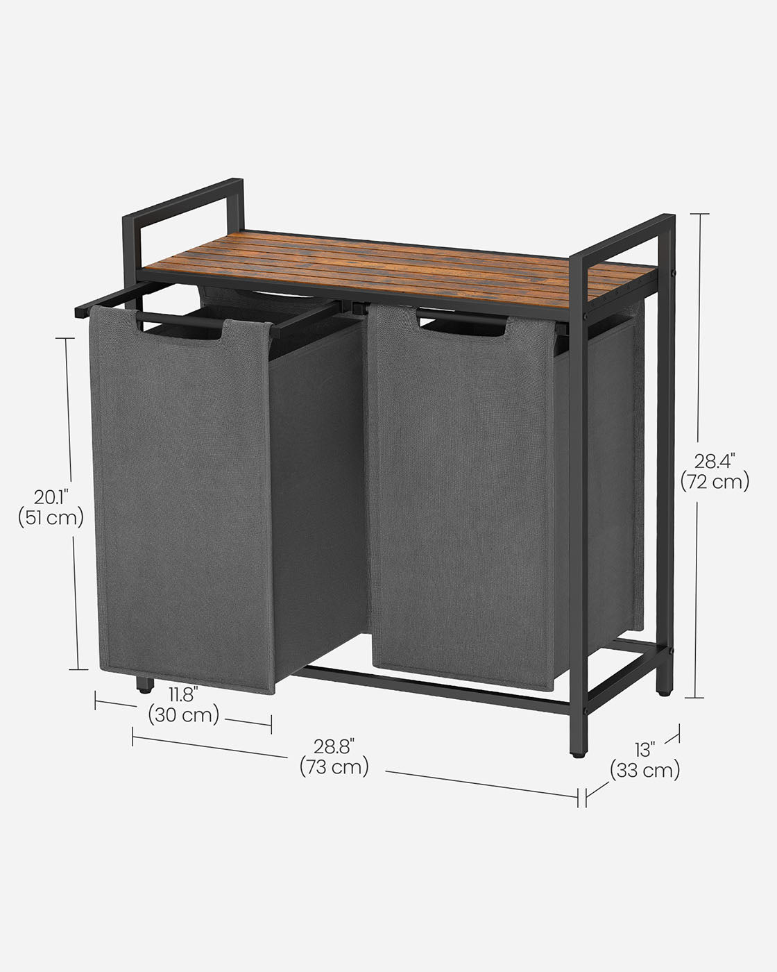 Laundry Hamper – Metal Frame and Oxford Fabric – Rustic Brown and Black – 2-Compartment with Shelf and Removable Bags