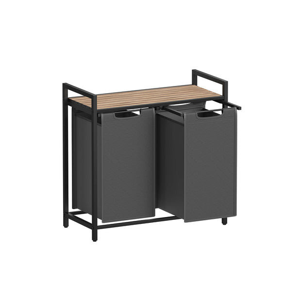 2-Compartment Laundry Hamper – Oxford Fabric and Metal – Rustic Brown and Black – Removable Bags with Shelf