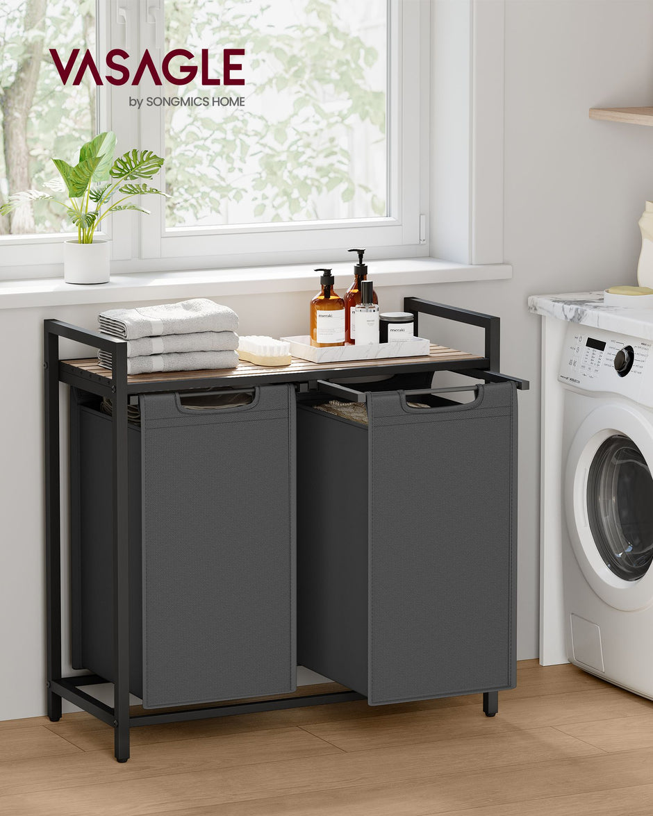 2-Compartment Laundry Hamper – Oxford Fabric and Metal – Rustic Brown and Black – Removable Bags with Shelf