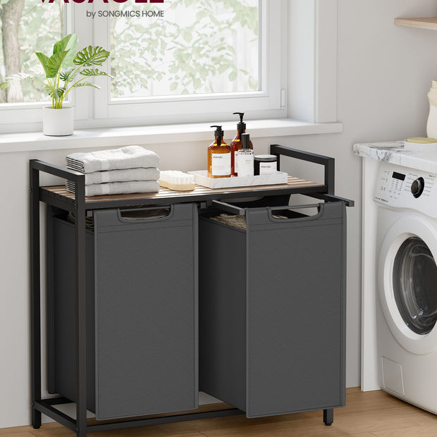 2-Compartment Laundry Hamper – Oxford Fabric and Metal – Rustic Brown and Black – Removable Bags with Shelf