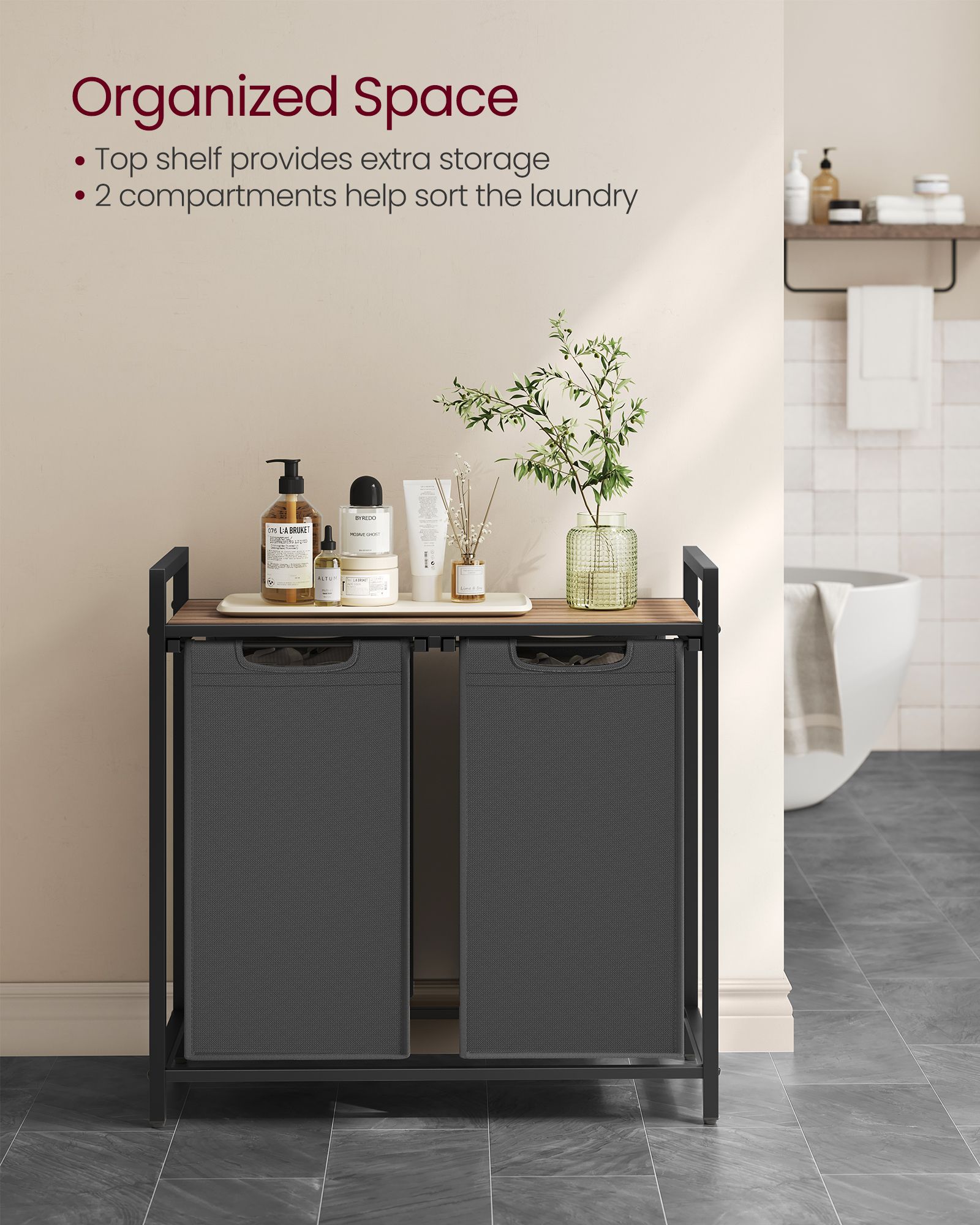 2-Compartment Laundry Hamper – Oxford Fabric and Metal – Rustic Brown and Black – Removable Bags with Shelf