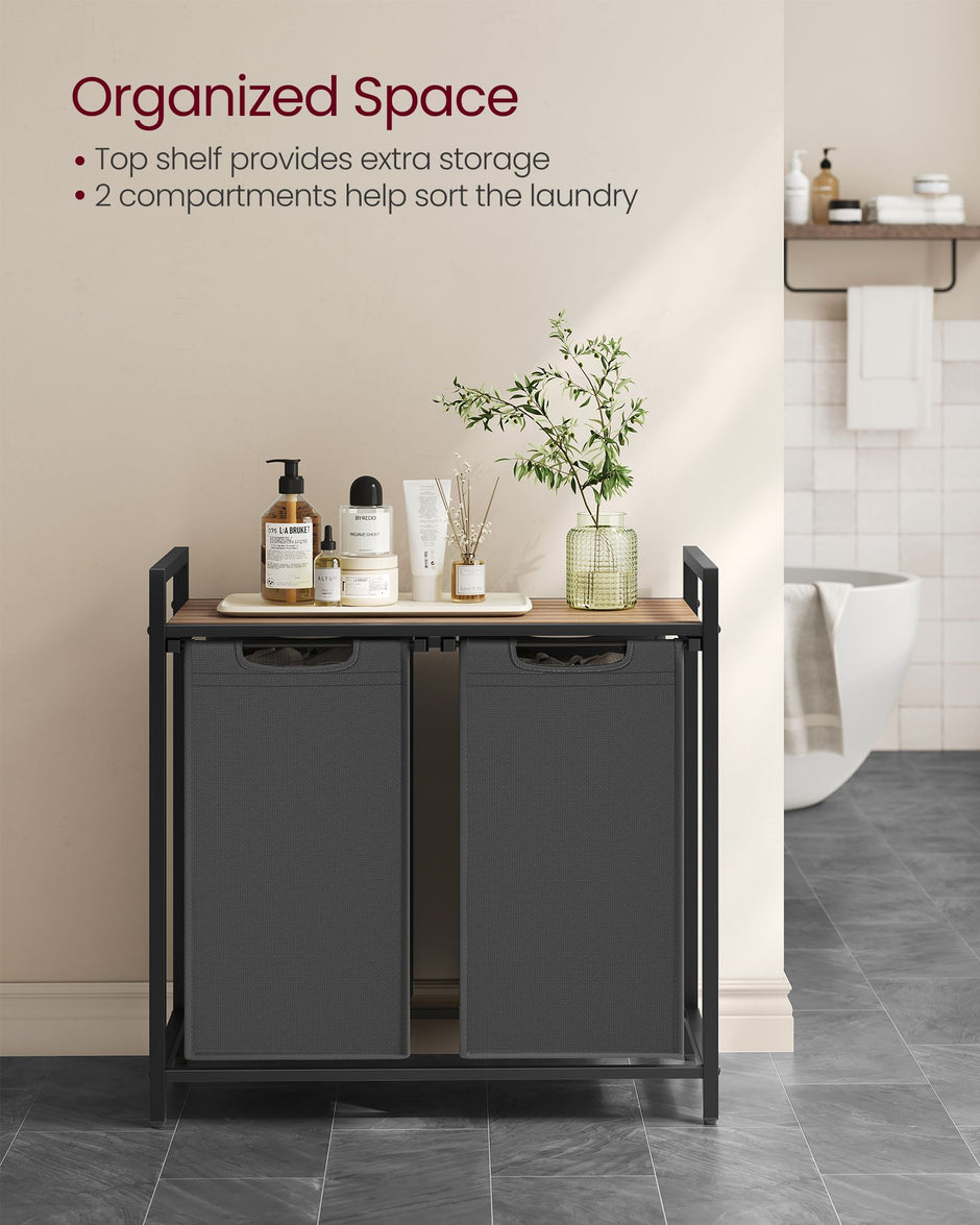 2-Compartment Laundry Hamper – Oxford Fabric and Metal – Rustic Brown and Black – Removable Bags with Shelf