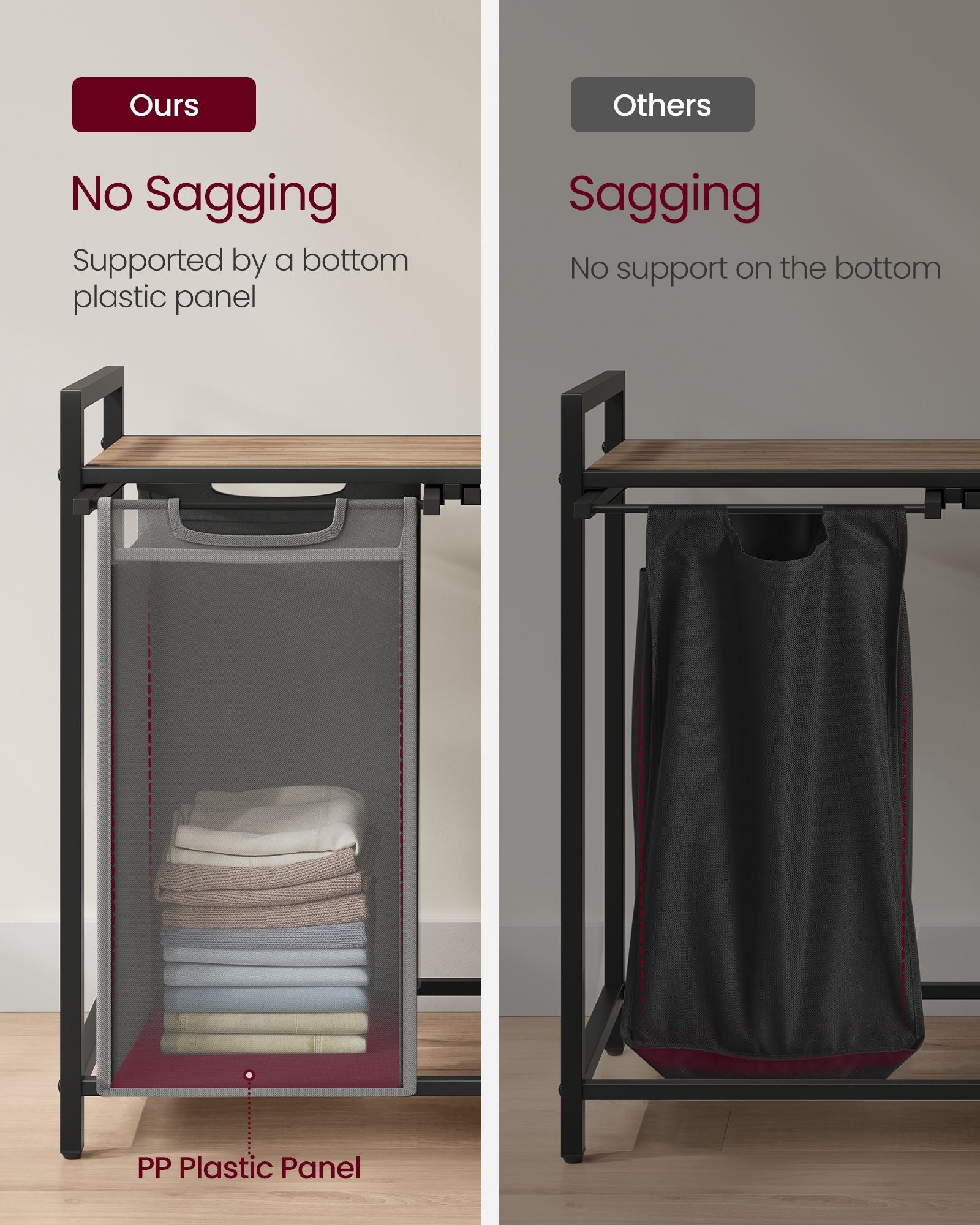 2-Compartment Laundry Hamper – Oxford Fabric and Metal – Rustic Brown and Black – Removable Bags with Shelf