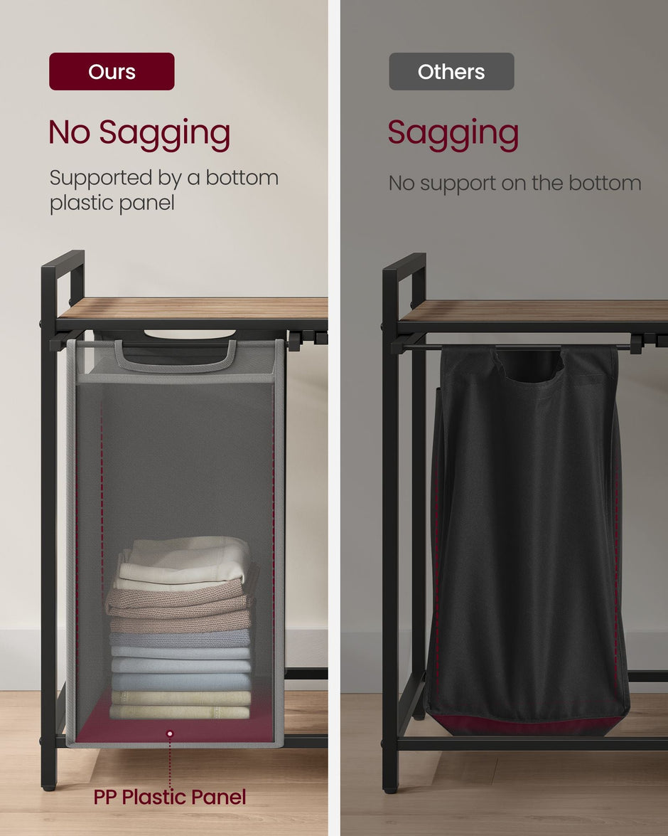 2-Compartment Laundry Hamper – Oxford Fabric and Metal – Rustic Brown and Black – Removable Bags with Shelf