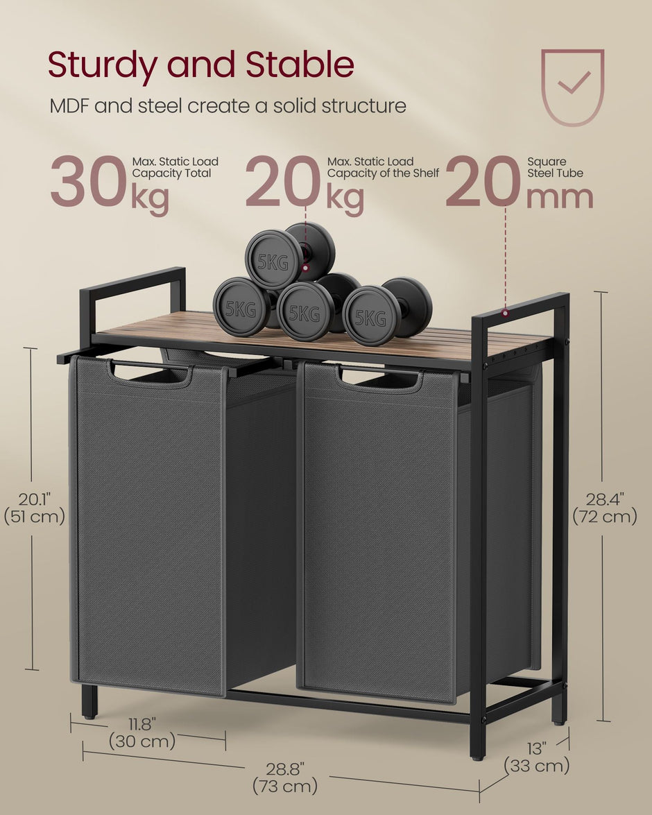 2-Compartment Laundry Hamper – Oxford Fabric and Metal – Rustic Brown and Black – Removable Bags with Shelf