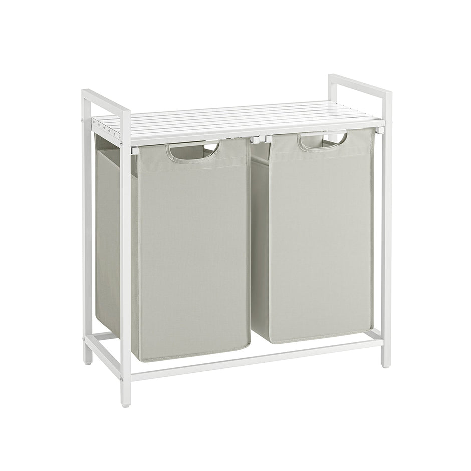 Laundry Basket – Metal Frame and Oxford Fabric – White with Rustic Brown Accents – Includes Shelf and Removable Bags