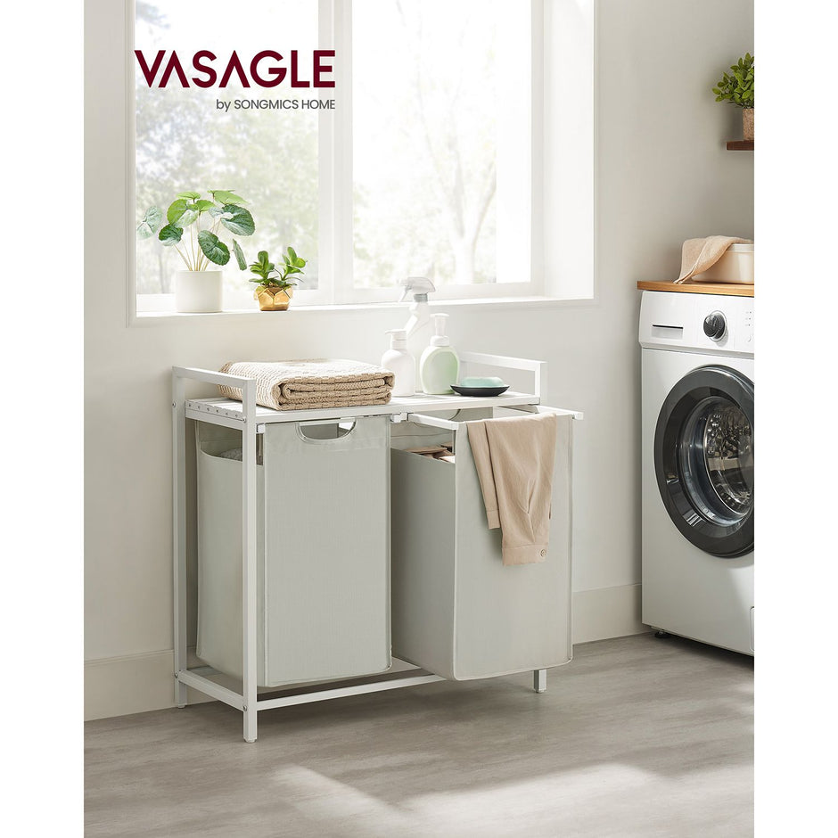 Laundry Basket – Metal Frame and Oxford Fabric – White with Rustic Brown Accents – Includes Shelf and Removable Bags