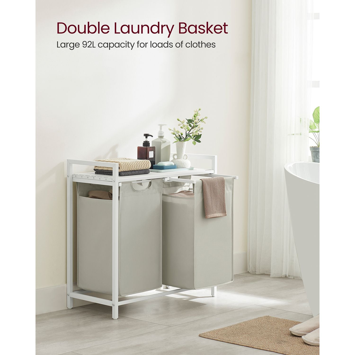 Laundry Basket – Metal Frame and Oxford Fabric – White with Rustic Brown Accents – Includes Shelf and Removable Bags