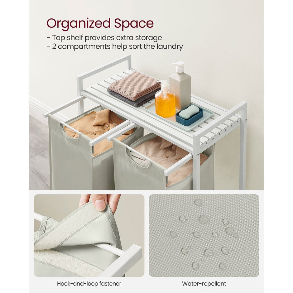Laundry Basket – Metal Frame and Oxford Fabric – White with Rustic Brown Accents – Includes Shelf and Removable Bags
