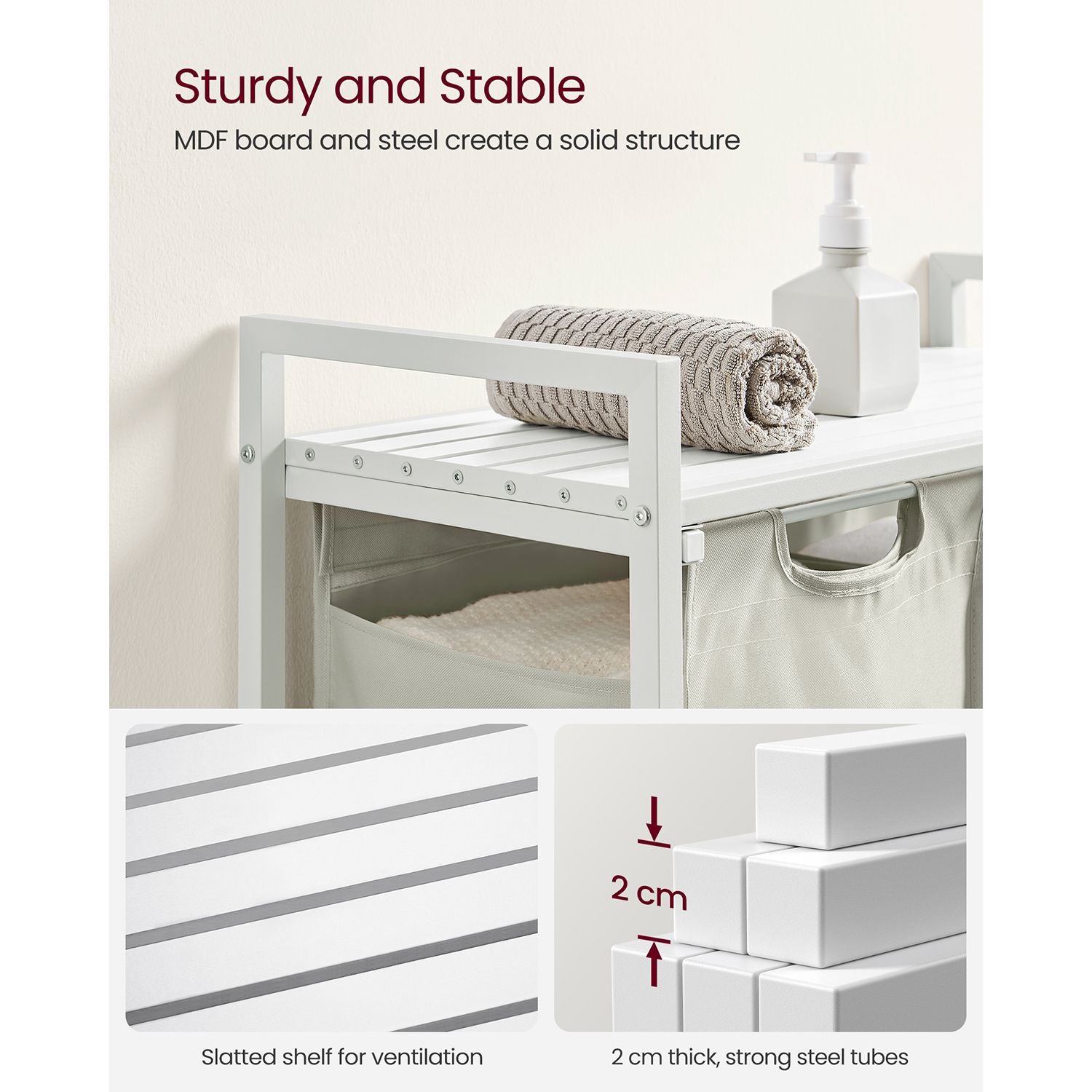 Laundry Basket – Metal Frame and Oxford Fabric – White with Rustic Brown Accents – Includes Shelf and Removable Bags