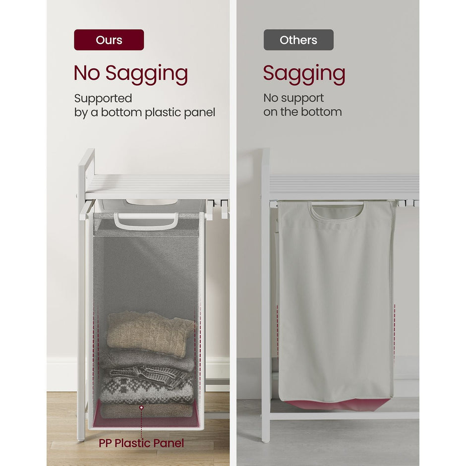 Laundry Basket – Metal Frame and Oxford Fabric – White with Rustic Brown Accents – Includes Shelf and Removable Bags