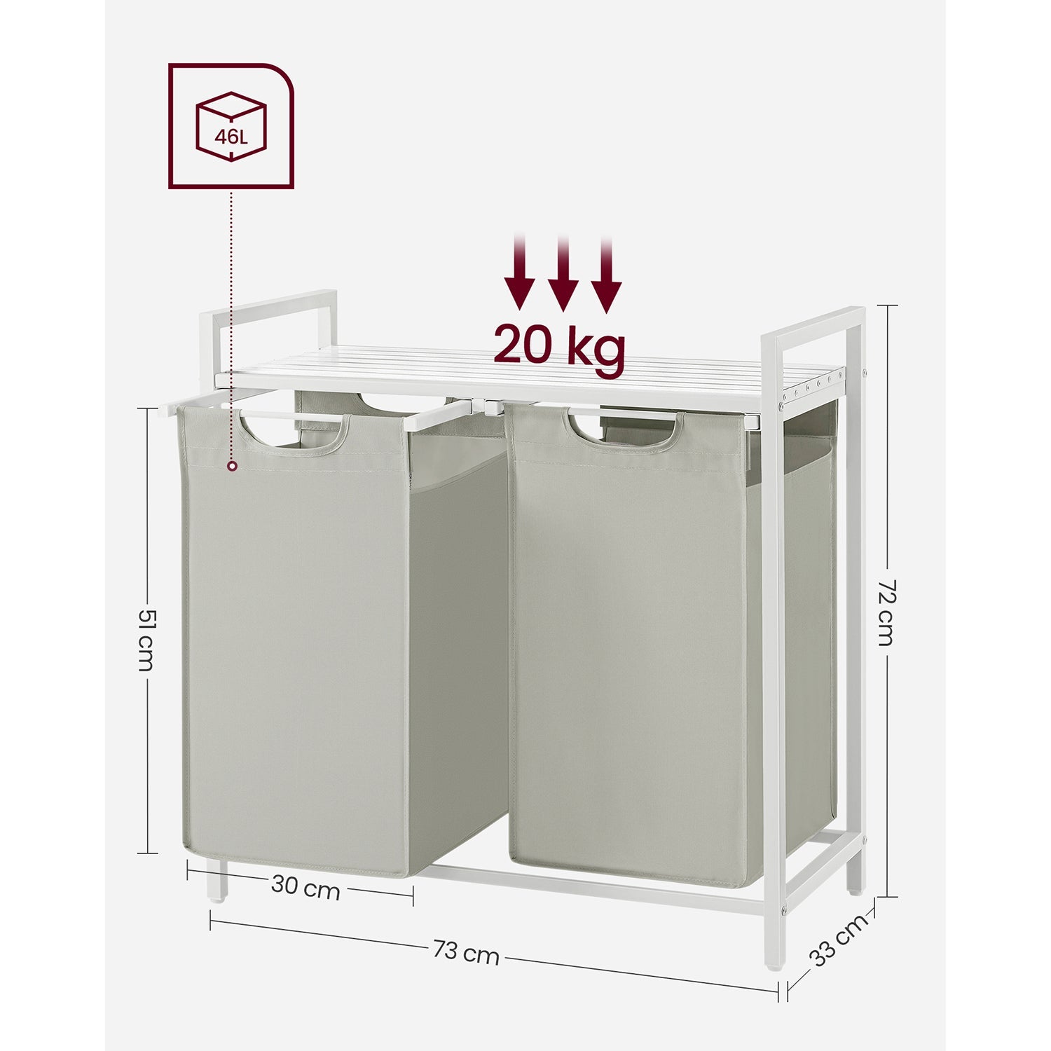 Laundry Basket – Metal Frame and Oxford Fabric – White with Rustic Brown Accents – Includes Shelf and Removable Bags