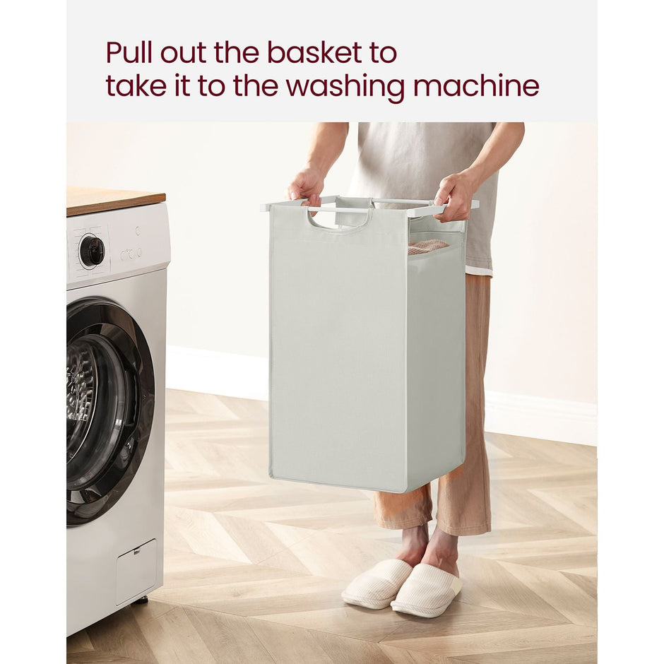 Laundry Basket – Metal Frame and Oxford Fabric – White with Rustic Brown Accents – Includes Shelf and Removable Bags