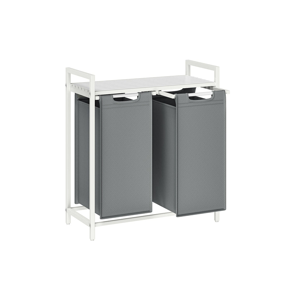 Laundry Hamper – Metal Frame and Oxford Fabric – White and Rustic Brown – 2-Compartment with Shelf and Removable Bags