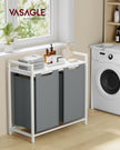 Laundry Hamper – Metal Frame and Oxford Fabric – White and Rustic Brown – 2-Compartment with Shelf and Removable Bags