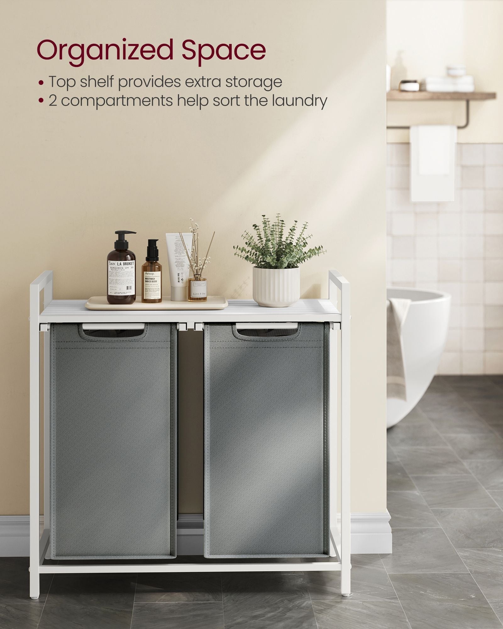 Laundry Hamper – Metal Frame and Oxford Fabric – White and Rustic Brown – 2-Compartment with Shelf and Removable Bags