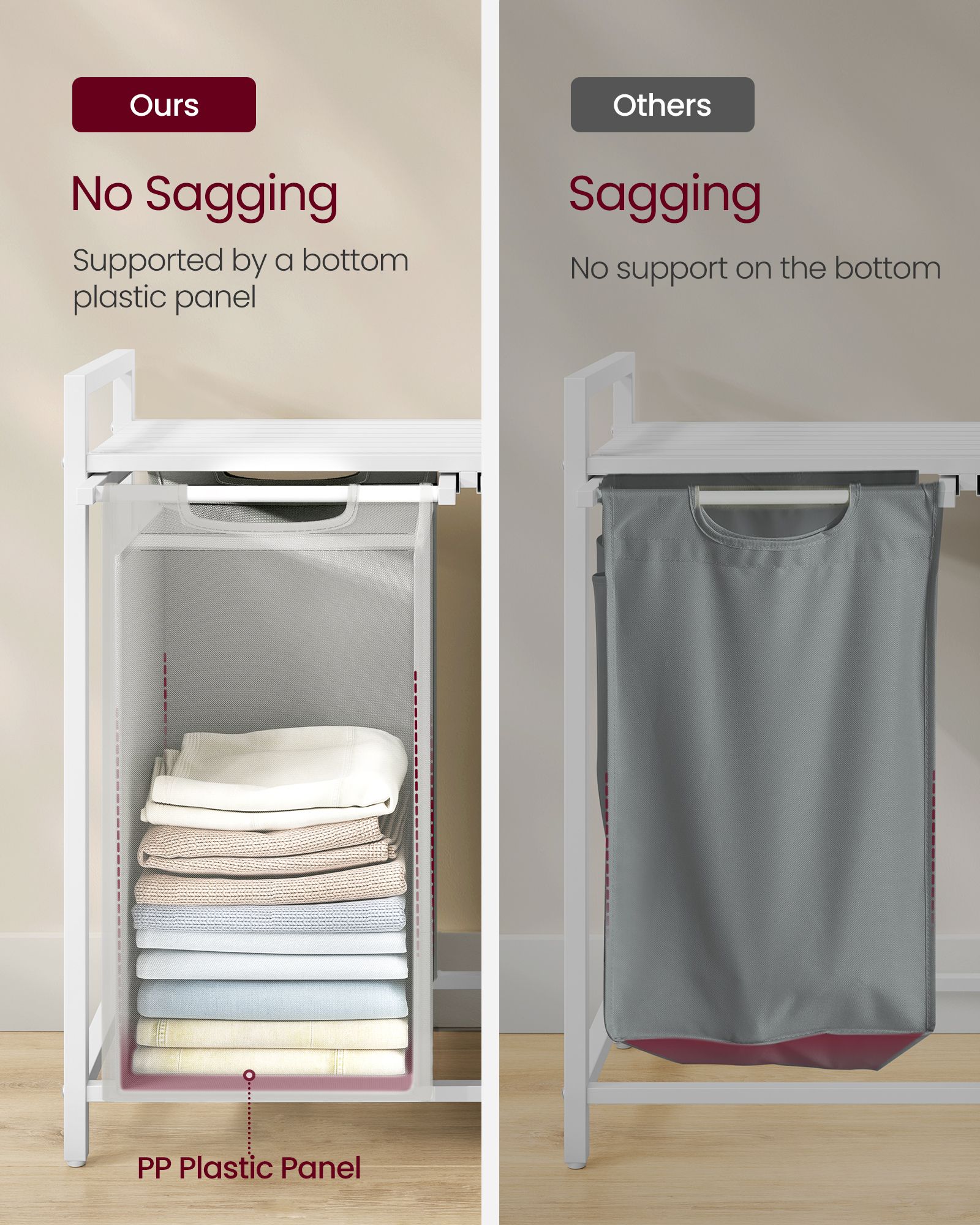 Laundry Hamper – Metal Frame and Oxford Fabric – White and Rustic Brown – 2-Compartment with Shelf and Removable Bags