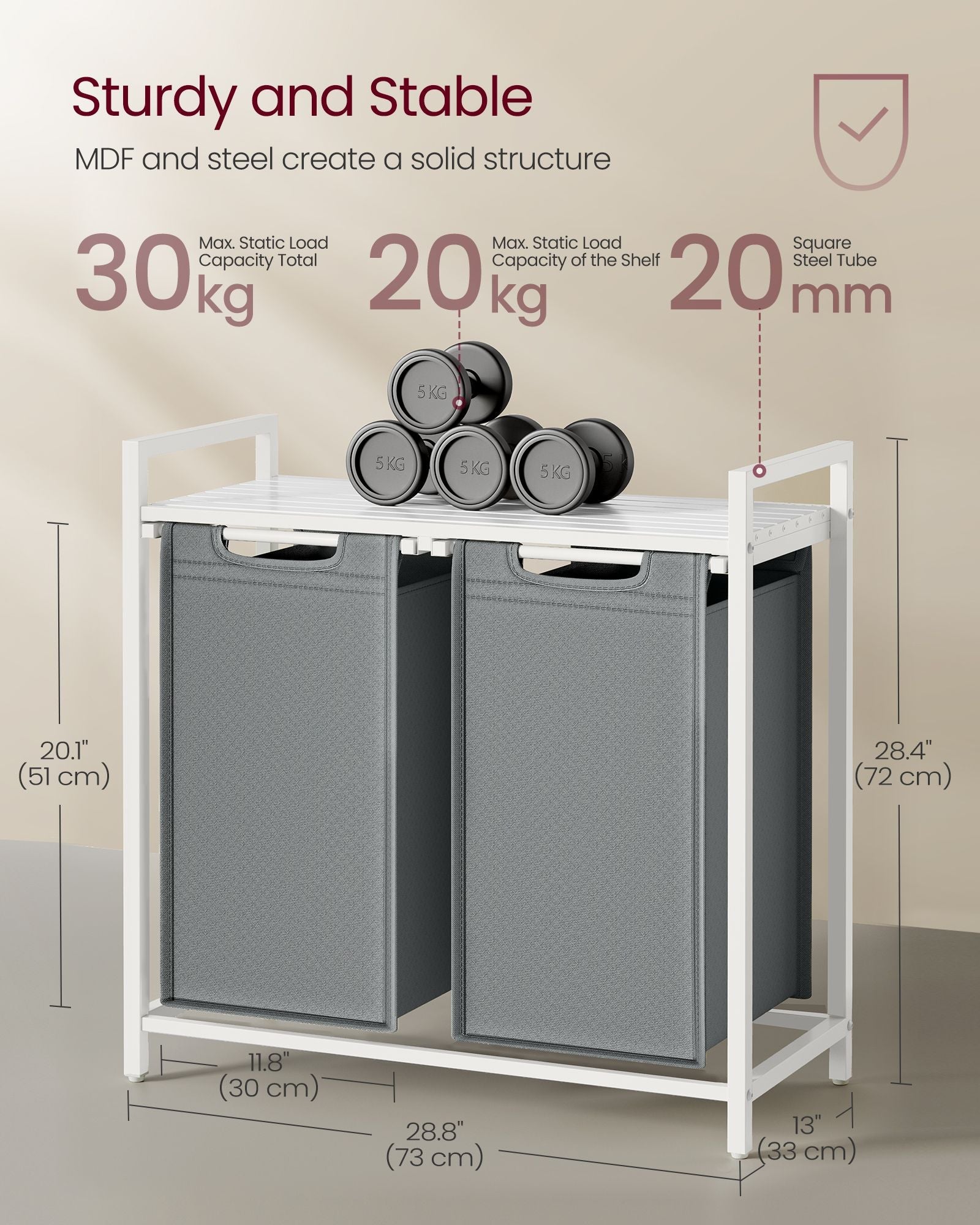 Laundry Hamper – Metal Frame and Oxford Fabric – White and Rustic Brown – 2-Compartment with Shelf and Removable Bags