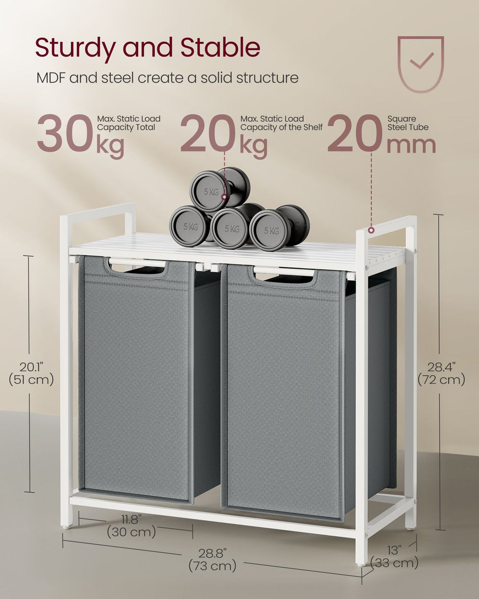 Laundry Hamper – Metal Frame and Oxford Fabric – White and Rustic Brown – 2-Compartment with Shelf and Removable Bags