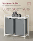 Laundry Hamper – Metal Frame and Oxford Fabric – White and Rustic Brown – 2-Compartment with Shelf and Removable Bags