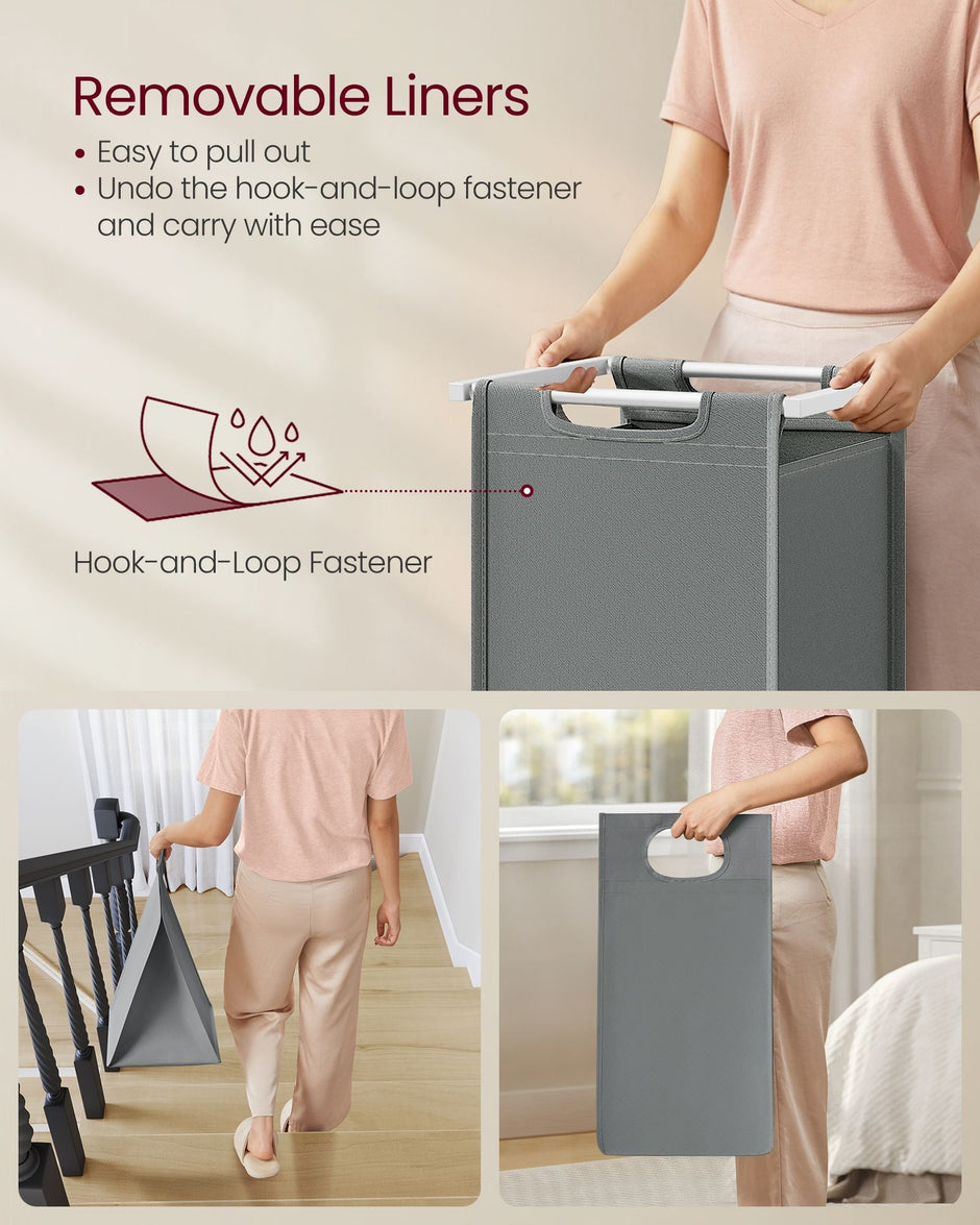 Laundry Hamper – Metal Frame and Oxford Fabric – White and Rustic Brown – 2-Compartment with Shelf and Removable Bags