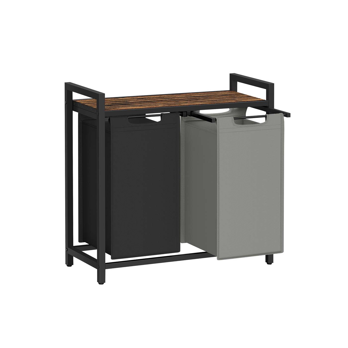 Laundry Hamper – Metal Frame and Oxford Fabric – Ink Black, Dove Gray, and Rustic Brown – 2-Compartment with Shelf and Removable Bags