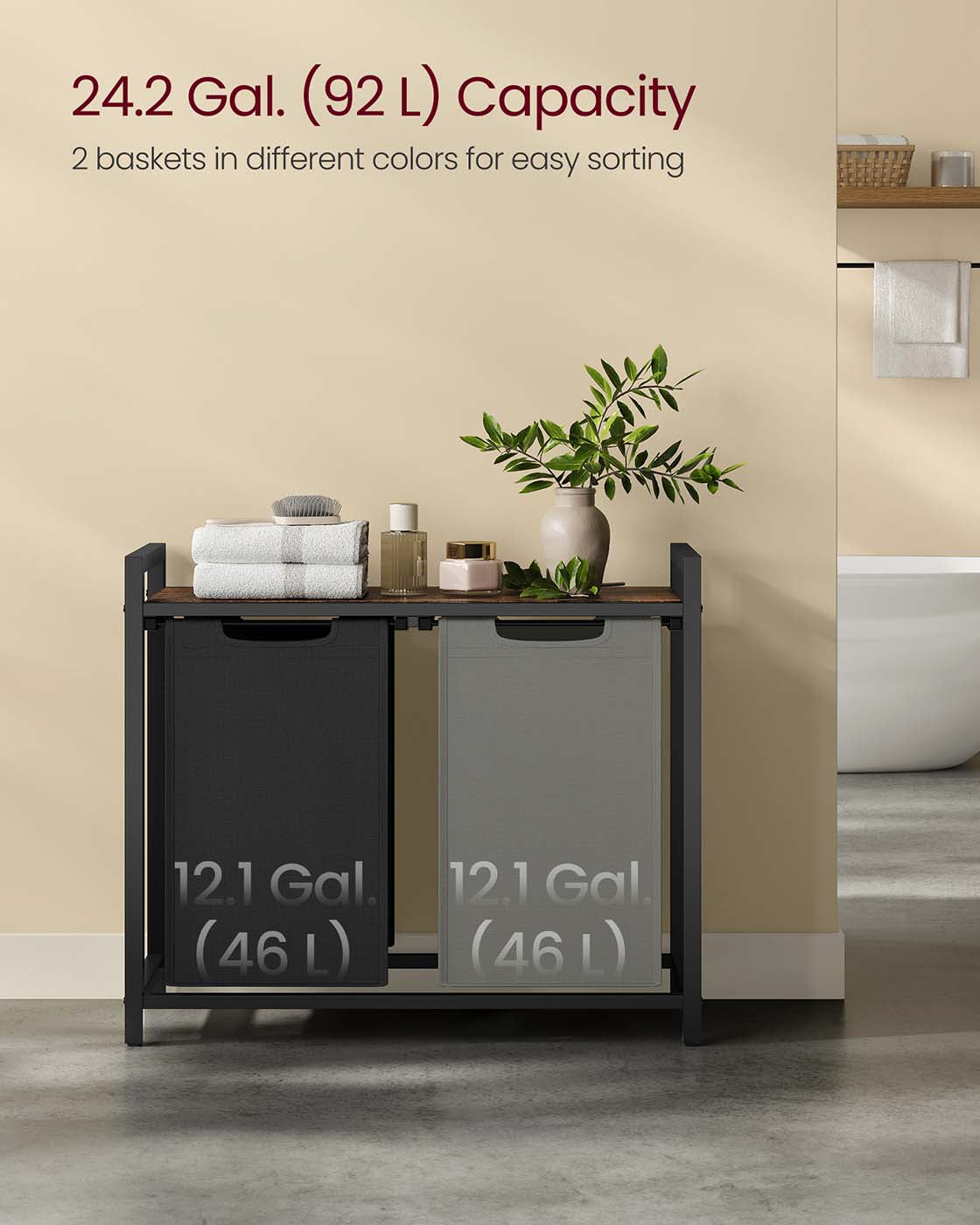 Laundry Hamper – Metal Frame and Oxford Fabric – Ink Black, Dove Gray, and Rustic Brown – 2-Compartment with Shelf and Removable Bags