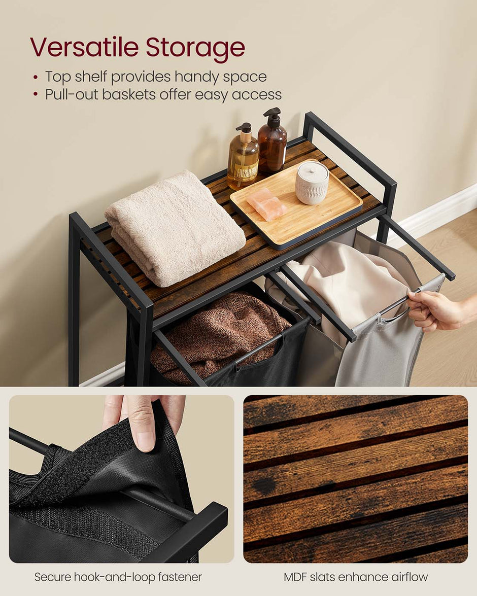 Laundry Hamper – Metal Frame and Oxford Fabric – Ink Black, Dove Gray, and Rustic Brown – 2-Compartment with Shelf and Removable Bags