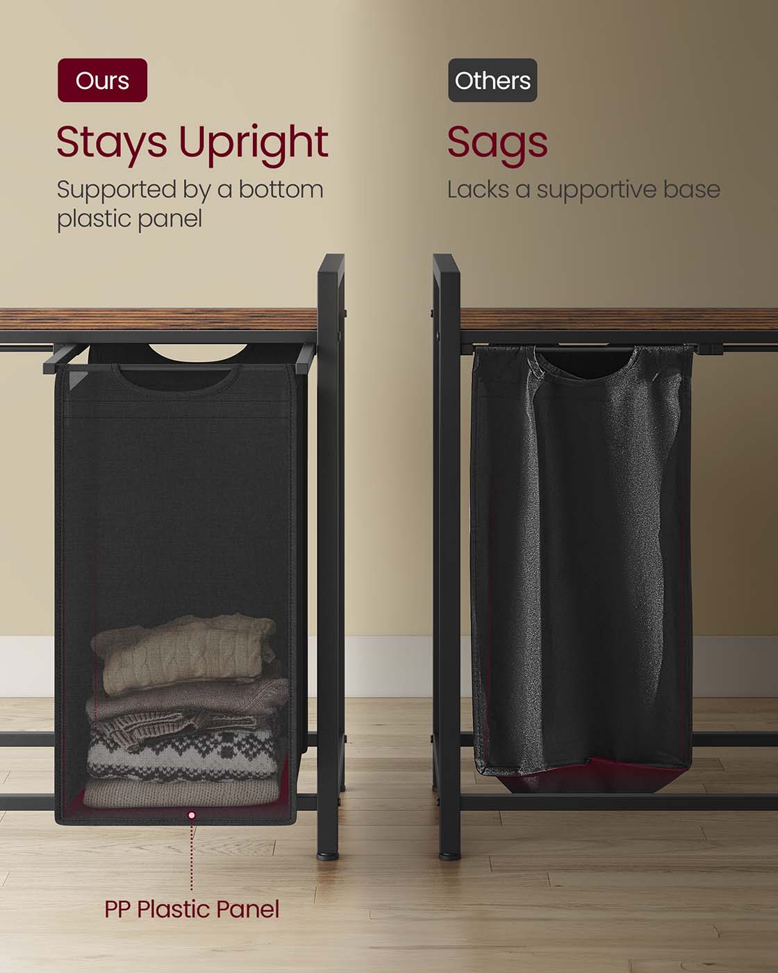 Laundry Hamper – Metal Frame and Oxford Fabric – Ink Black, Dove Gray, and Rustic Brown – 2-Compartment with Shelf and Removable Bags