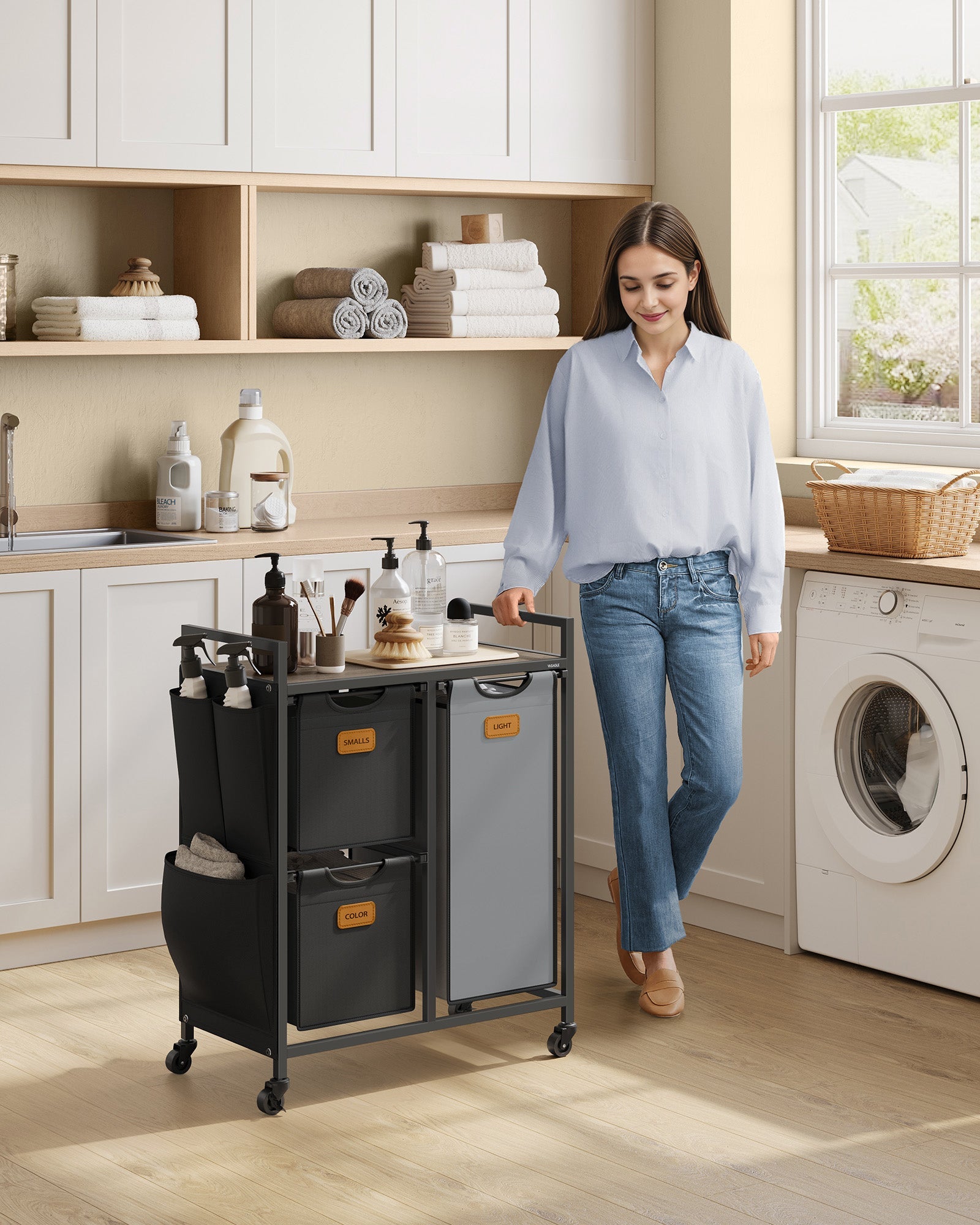 Laundry Hamper – Wood – Chestnut Brown, Ink Black and Dove Grey – 100L with 3 Compartments and Rolling Design