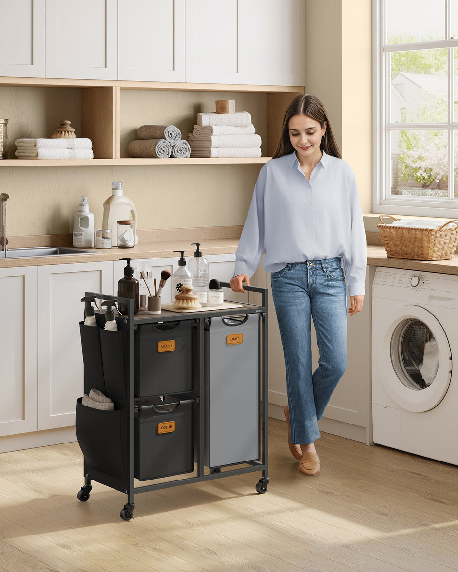 Laundry Hamper – Wood – Chestnut Brown, Ink Black and Dove Grey – 100L with 3 Compartments and Rolling Design