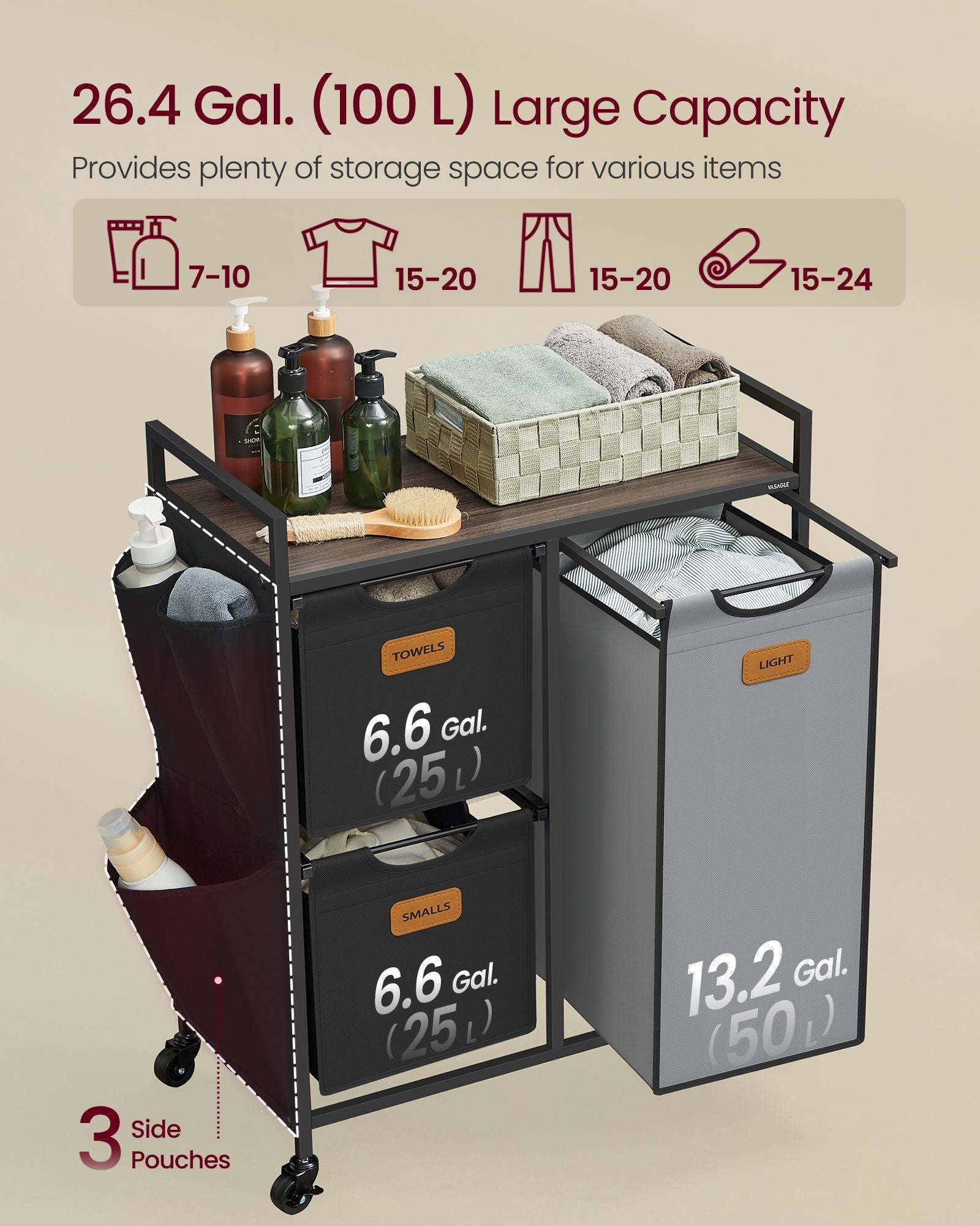 Laundry Hamper – Wood – Chestnut Brown, Ink Black and Dove Grey – 100L with 3 Compartments and Rolling Design