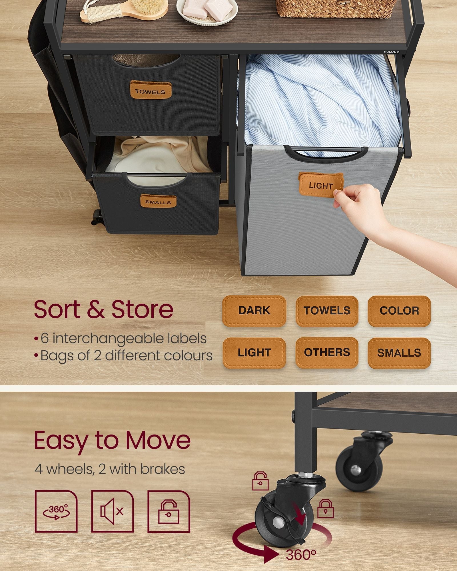 Laundry Hamper – Wood – Chestnut Brown, Ink Black and Dove Grey – 100L with 3 Compartments and Rolling Design