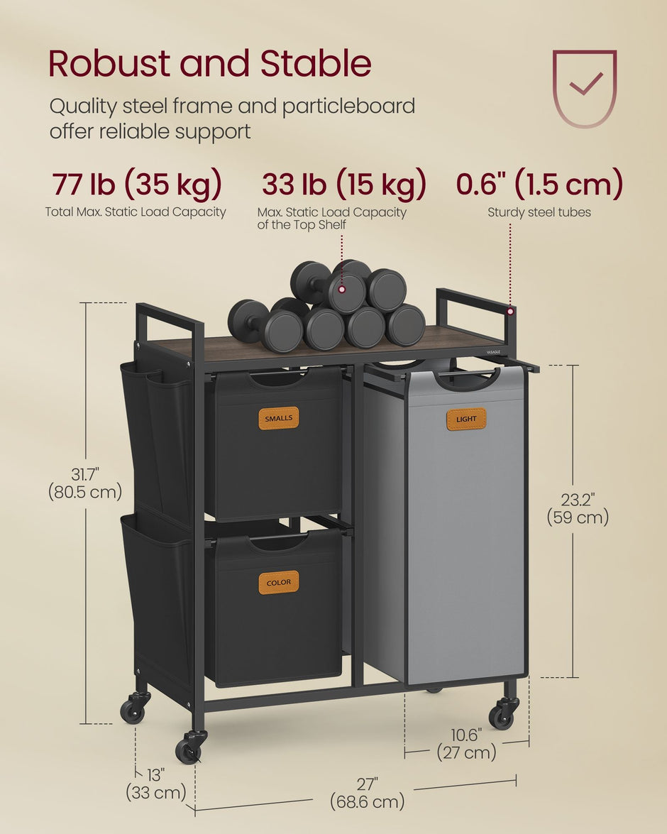 Laundry Hamper – Wood – Chestnut Brown, Ink Black and Dove Grey – 100L with 3 Compartments and Rolling Design