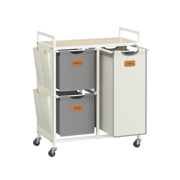 Laundry Hamper – Fabric – Natural Beige, Dove Grey, Cream White – 100 L with 3 Compartments and Rolling Cart
