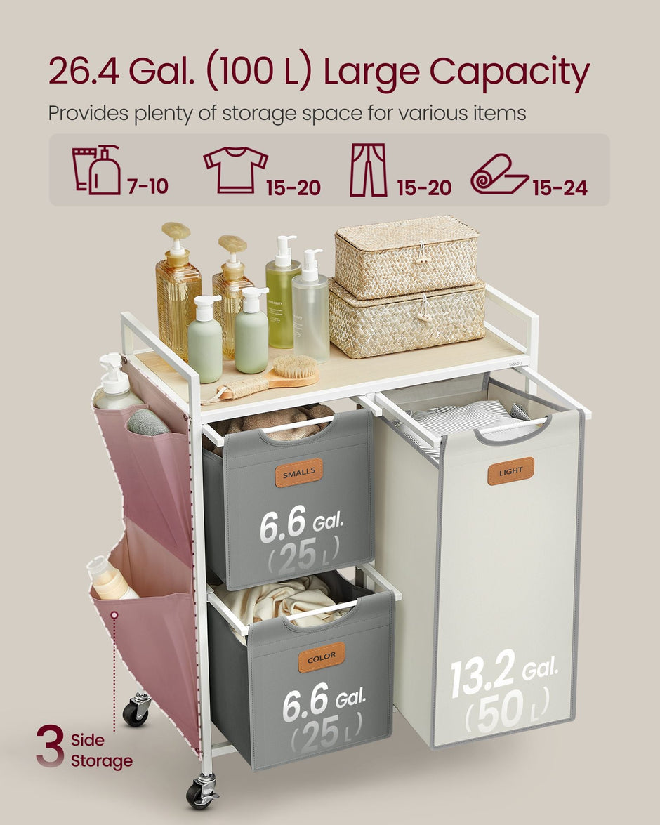 Laundry Hamper – Fabric – Natural Beige, Dove Grey, Cream White – 100 L with 3 Compartments and Rolling Cart